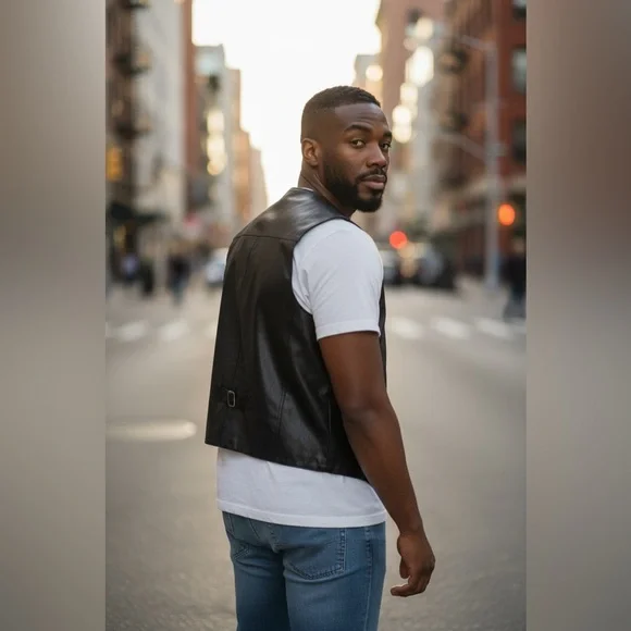 💥2 for 1💥Vintage Drospo Black Leather Biker / Moto Zip Up Vest - Size L/XL - Picture 3 of 12